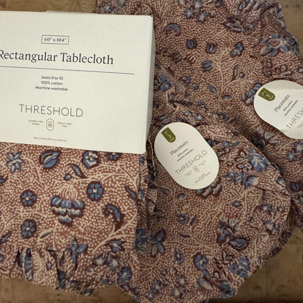 Threshold Floral Tablecloth and Placemats in Brown and Blue Blockprint